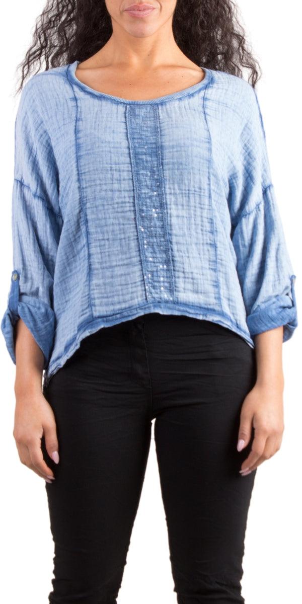 Raimona Top - Gigi Moda - Made in Italy # 100% Cotton, gauze, Gigi Moda, long sleeves, Made in Italy, one size, OS, Round Neck, sequin top, Sequins, spring, summer, Top