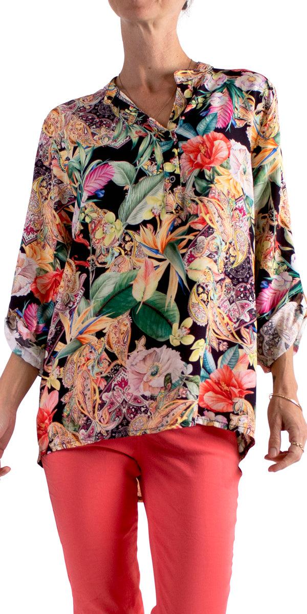 Fiore Henley Shirt - Gigi Moda - Made in Italy # Blouse, flower print, Gigi Moda, henley, Made in Italy, paisley, shirt, Sleeves