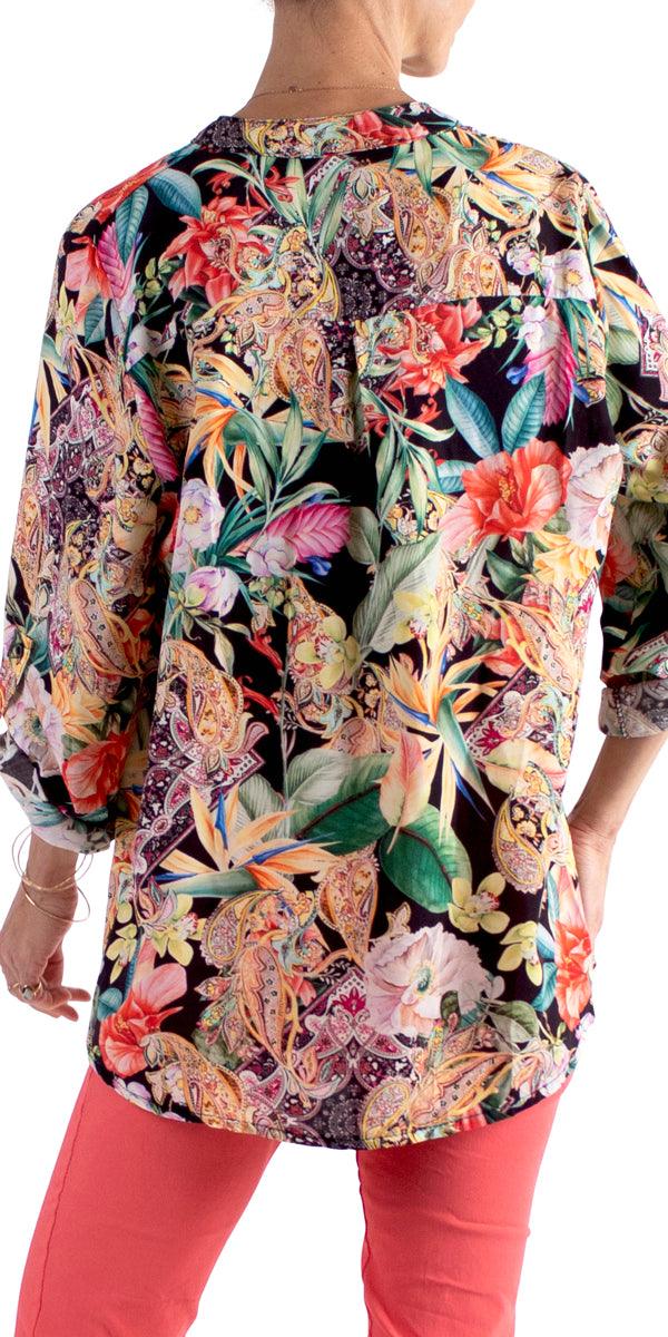 Fiore Henley Shirt - Gigi Moda - Made in Italy # Blouse, flower print, Gigi Moda, henley, Made in Italy, paisley, shirt, Sleeves