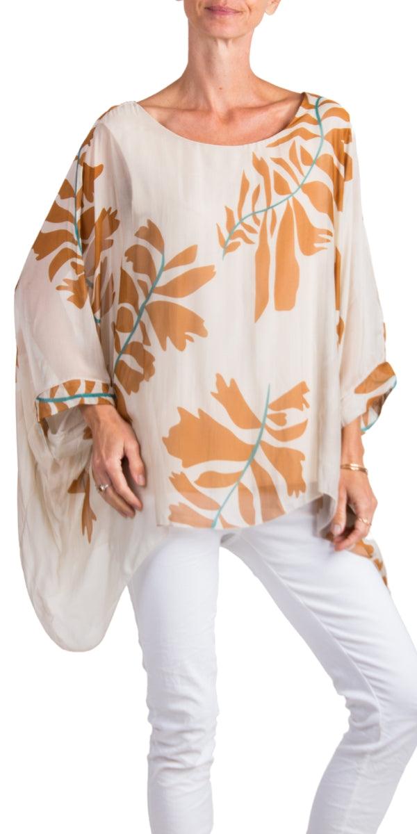 Seta Foglia Kaftan - Gigi Moda - Made in Italy # 100% Silk, Blouse, floral, floral design, Floral Print, gigi moda, italian silk blouse, Kaftan, Made in Italy, maxretail, OS, resort, resort wear, Silk, silk blouse