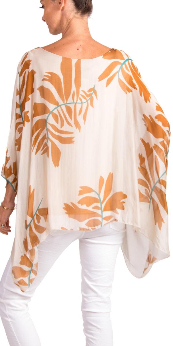 Seta Foglia Kaftan - Gigi Moda - Made in Italy # 100% Silk, Blouse, floral, floral design, Floral Print, gigi moda, italian silk blouse, Kaftan, Made in Italy, maxretail, OS, resort, resort wear, Silk, silk blouse