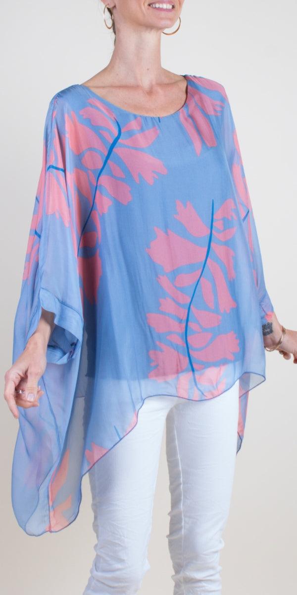 Seta Foglia Kaftan - Gigi Moda - Made in Italy # 100% Silk, Blouse, floral, floral design, Floral Print, gigi moda, italian silk blouse, Kaftan, Made in Italy, maxretail, OS, resort, resort wear, Silk, silk blouse