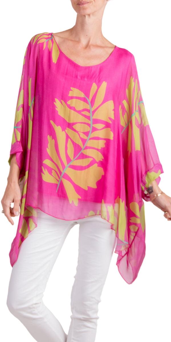 Seta Foglia Kaftan - Gigi Moda - Made in Italy # 100% Silk, Blouse, floral, floral design, Floral Print, gigi moda, italian silk blouse, Kaftan, Made in Italy, maxretail, OS, resort, resort wear, Silk, silk blouse