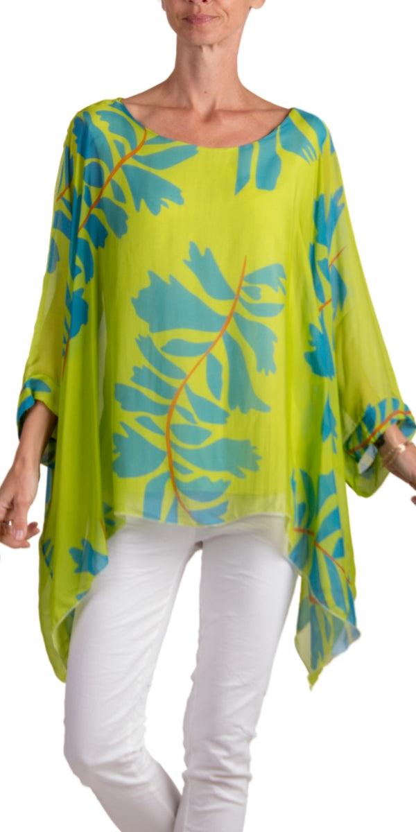 Seta Foglia Kaftan - Gigi Moda - Made in Italy # 100% Silk, Blouse, floral, floral design, Floral Print, gigi moda, italian silk blouse, Kaftan, Made in Italy, maxretail, OS, resort, resort wear, Silk, silk blouse