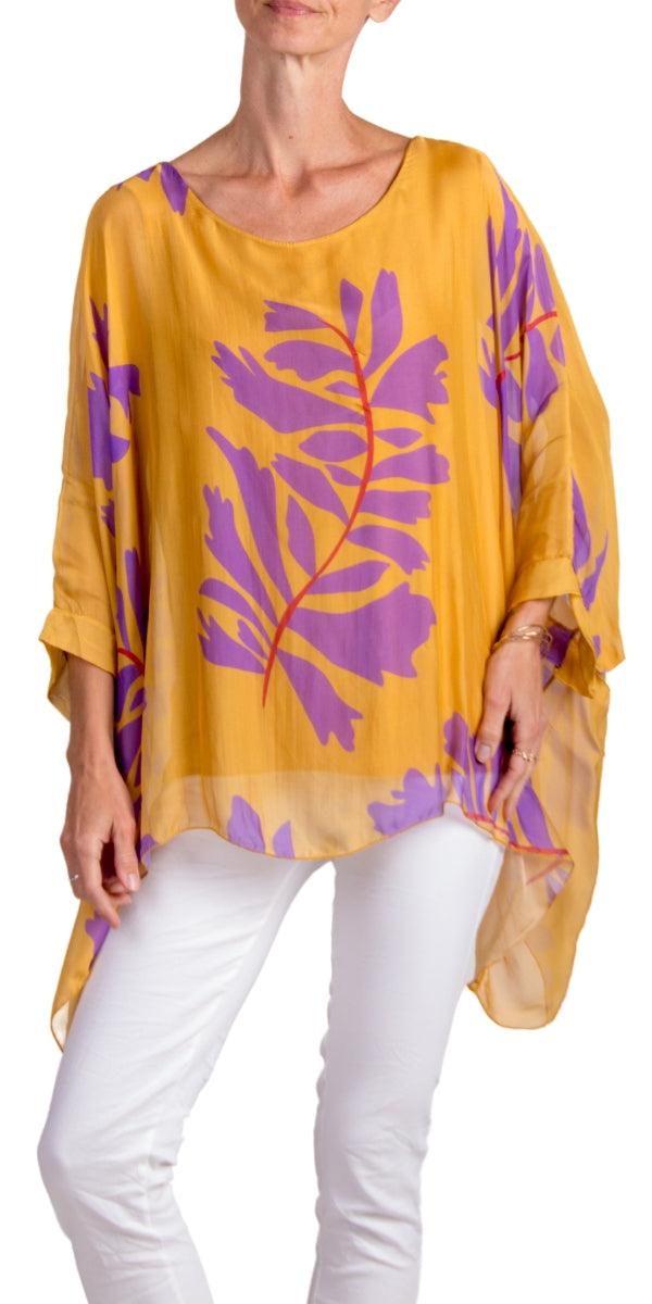 Seta Foglia Kaftan - Gigi Moda - Made in Italy # 100% Silk, Blouse, floral, floral design, Floral Print, gigi moda, italian silk blouse, Kaftan, Made in Italy, maxretail, OS, resort, resort wear, Silk, silk blouse
