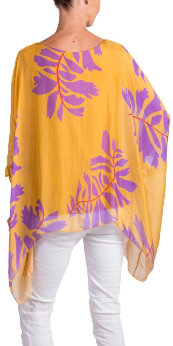 Seta Foglia Kaftan - Gigi Moda - Made in Italy # 100% Silk, Blouse, floral, floral design, Floral Print, gigi moda, italian silk blouse, Kaftan, Made in Italy, maxretail, OS, resort, resort wear, Silk, silk blouse