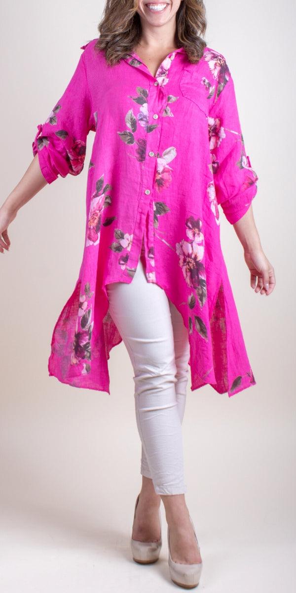 Livia Floral Linen Tunic - Gigi Moda - Made in Italy # 100% Linen, button down, Collared, Cuffed Sleeves, floral, Floral Print, Gigi Moda, italian top, Jacket, Linen, Made in Italy, one size, OS, resort, resort wear, Top
