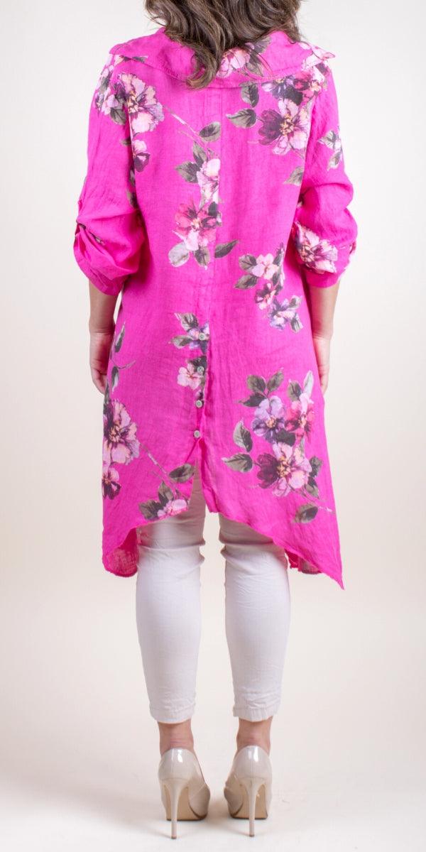 Livia Floral Linen Tunic - Gigi Moda - Made in Italy # 100% Linen, button down, Collared, Cuffed Sleeves, floral, Floral Print, Gigi Moda, italian top, Jacket, Linen, Made in Italy, one size, OS, resort, resort wear, Top