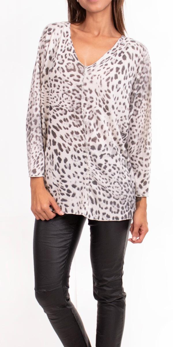 Cammie Leopard Sweater - Gigi Moda - Made in Italy # cream, double v neck, free shipping, lake green, leopard, made in italy, olive, polyester, resort, resort wear, silver threading, viscose, white