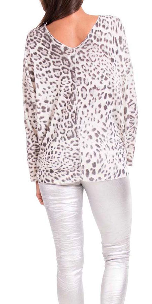 Cammie Leopard Sweater - Gigi Moda - Made in Italy # cream, double v neck, free shipping, lake green, leopard, made in italy, olive, polyester, resort, resort wear, silver threading, viscose, white