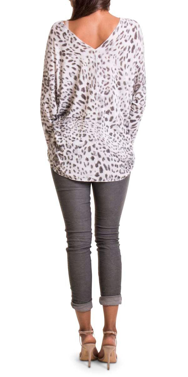 Cammie Leopard Sweater - Gigi Moda - Made in Italy # cream, double v neck, free shipping, lake green, leopard, made in italy, olive, polyester, resort, resort wear, silver threading, viscose, white