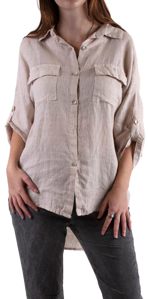 Navi Linen Button Down Top - Gigi Moda - Made in Italy # Blouses, Comforatable fit, Made in Italy, Tops, Womans clothing