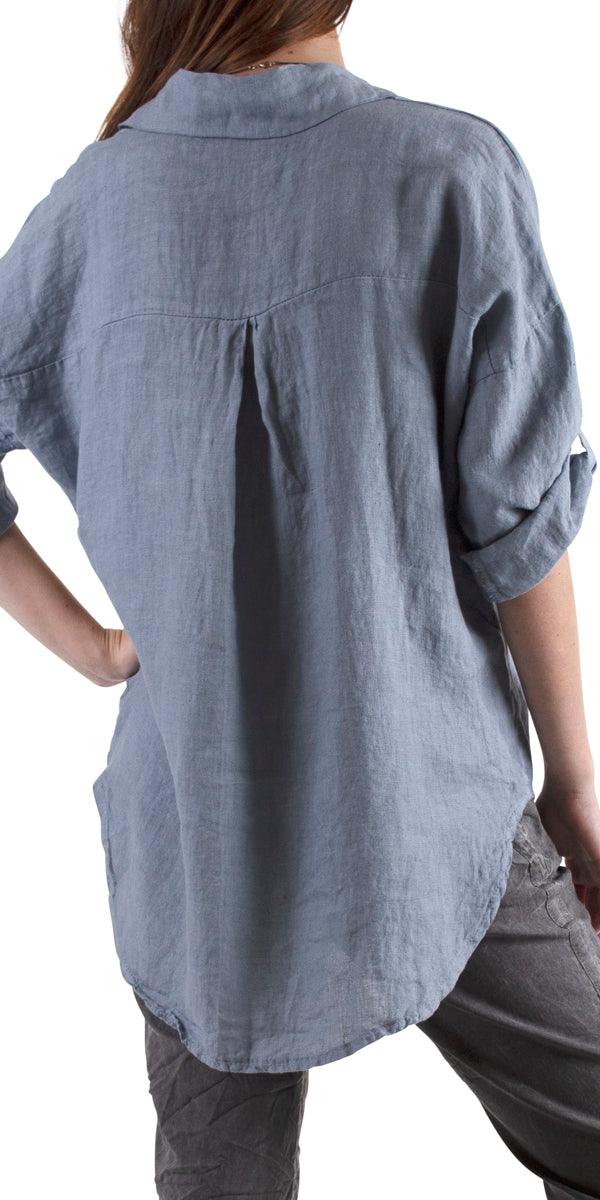 Navi Linen Button Down Top - Gigi Moda - Made in Italy # Blouses, Comforatable fit, Made in Italy, Tops, Womans clothing