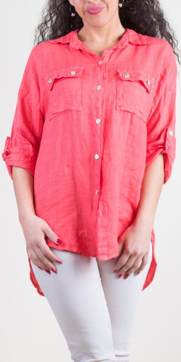Navi Linen Button Down Top - Gigi Moda - Made in Italy # Blouses, Comforatable fit, Made in Italy, Tops, Womans clothing