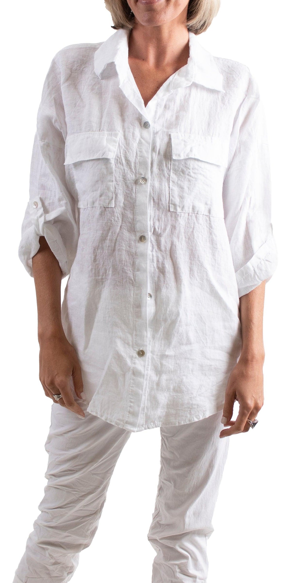 Navi Linen Button Down Top - Gigi Moda - Made in Italy # Blouses, Comforatable fit, Made in Italy, Tops, Womans clothing