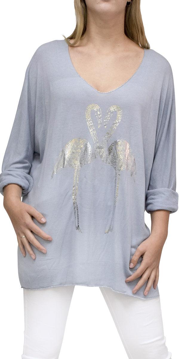 Flamingo Long Top - Gigi Moda - Made in Italy # Blouse, Gigi Moda, italian top, long length, lose fitting, Made in Italy, one size, OS, Top, washable