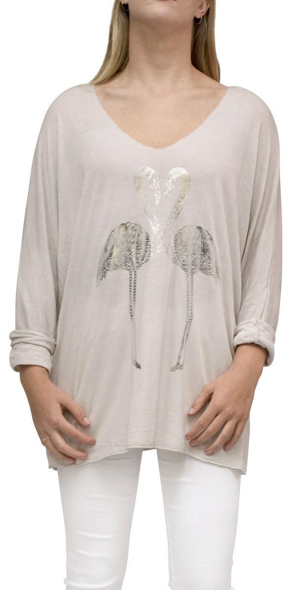 Flamingo Long Top - Gigi Moda - Made in Italy # Blouse, Gigi Moda, italian top, long length, lose fitting, Made in Italy, one size, OS, Top, washable