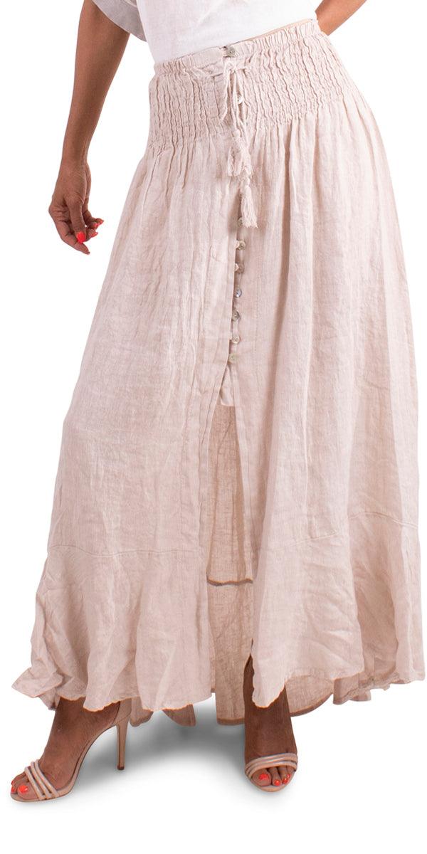 Magdalena Linen Skirt - Gigi Moda - Made in Italy # button front, buttons, elastic waist, high low, Linen, linen skirt, shell, skirt, spring, summer