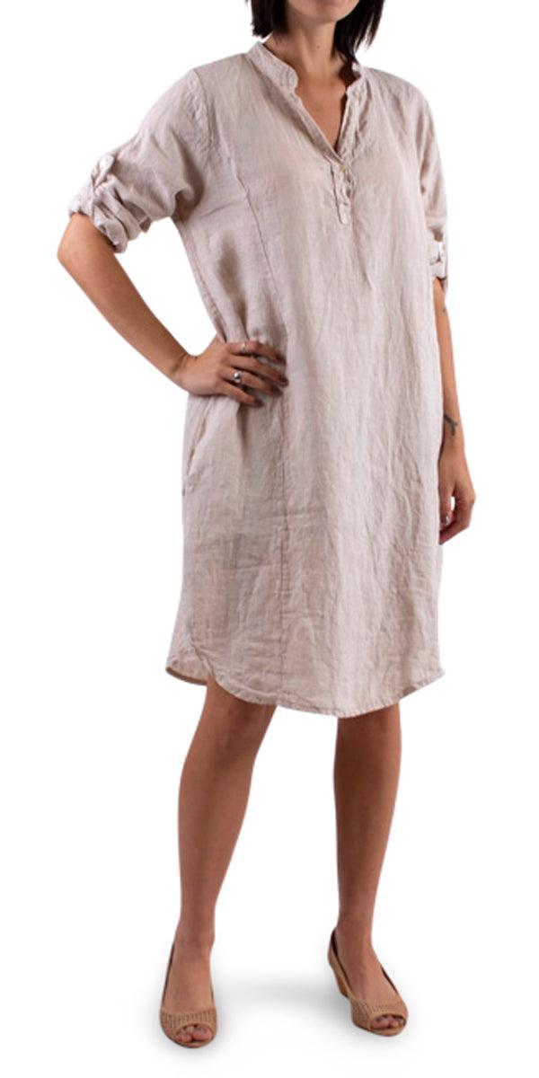 Mandarin Collar Linen Dress - Gigi Moda - Made in Italy # 100% Linen, Dress, free shipping, Gigi Moda, Linen, Made in Italy, mandarin collar, one size, OS, pockets, resort, resort wear, short sleeve dress, spring, summer