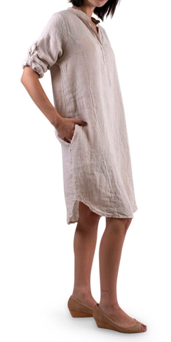Mandarin Collar Linen Dress - Gigi Moda - Made in Italy # 100% Linen, Dress, free shipping, Gigi Moda, Linen, Made in Italy, mandarin collar, one size, OS, pockets, resort, resort wear, short sleeve dress, spring, summer
