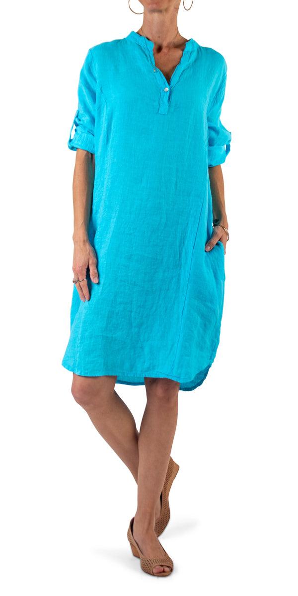 Mandarin Collar Linen Dress - Gigi Moda - Made in Italy # 100% Linen, Dress, free shipping, Gigi Moda, Linen, Made in Italy, mandarin collar, one size, OS, pockets, resort, resort wear, short sleeve dress, spring, summer