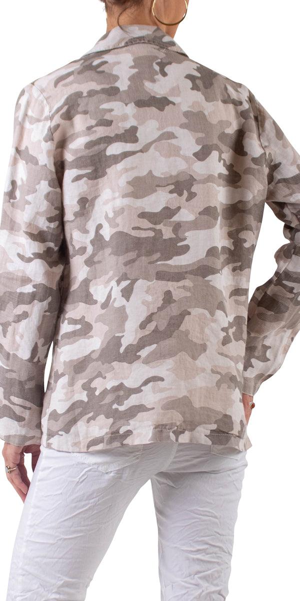 Sabrina Camo Linen Blazer - Gigi Moda - Made in Italy # 100% Linen, blazer, button, Camo, Camo print, clothing for women, Collared, faux pocket, Gigi Moda, italian brand, italian clothes, Italian Fashion, Jacket, open jacket
