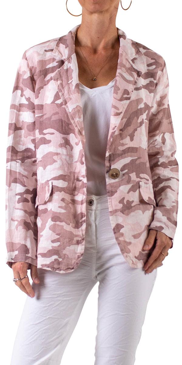 Sabrina Camo Linen Blazer - Gigi Moda - Made in Italy # 100% Linen, blazer, button, Camo, Camo print, clothing for women, Collared, faux pocket, Gigi Moda, italian brand, italian clothes, Italian Fashion, Jacket, open jacket