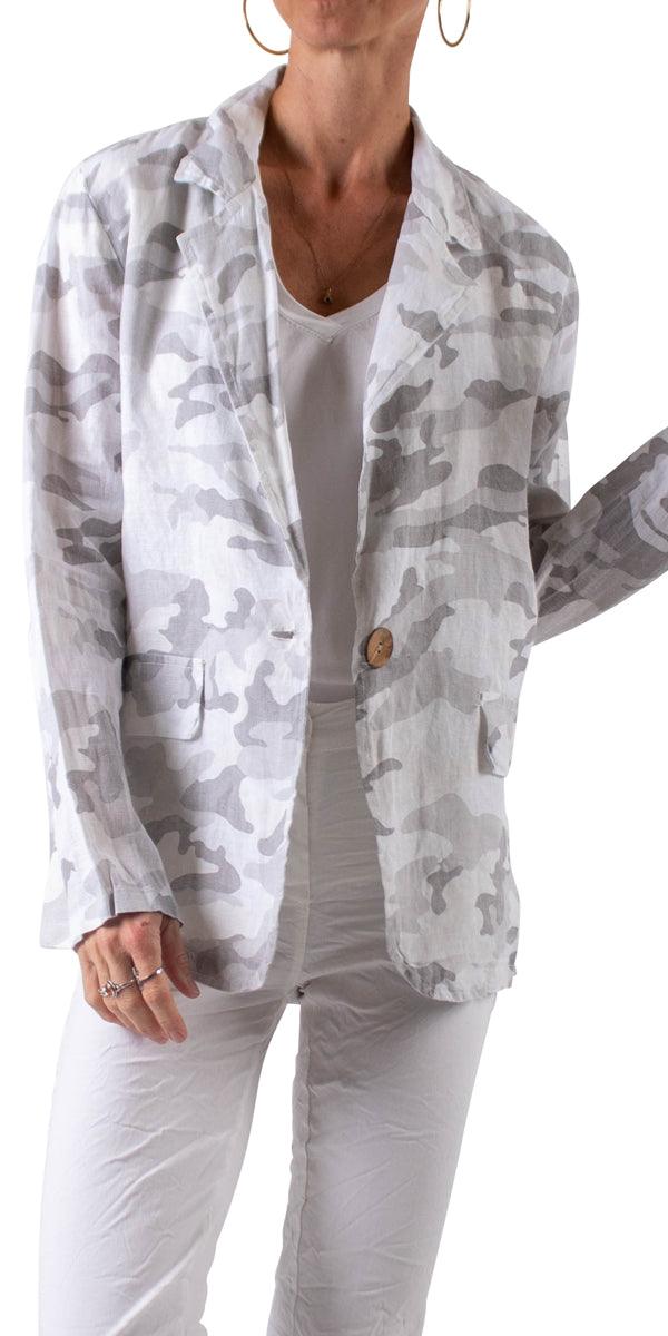Sabrina Camo Linen Blazer - Gigi Moda - Made in Italy # 100% Linen, blazer, button, Camo, Camo print, clothing for women, Collared, faux pocket, Gigi Moda, italian brand, italian clothes, Italian Fashion, Jacket, open jacket