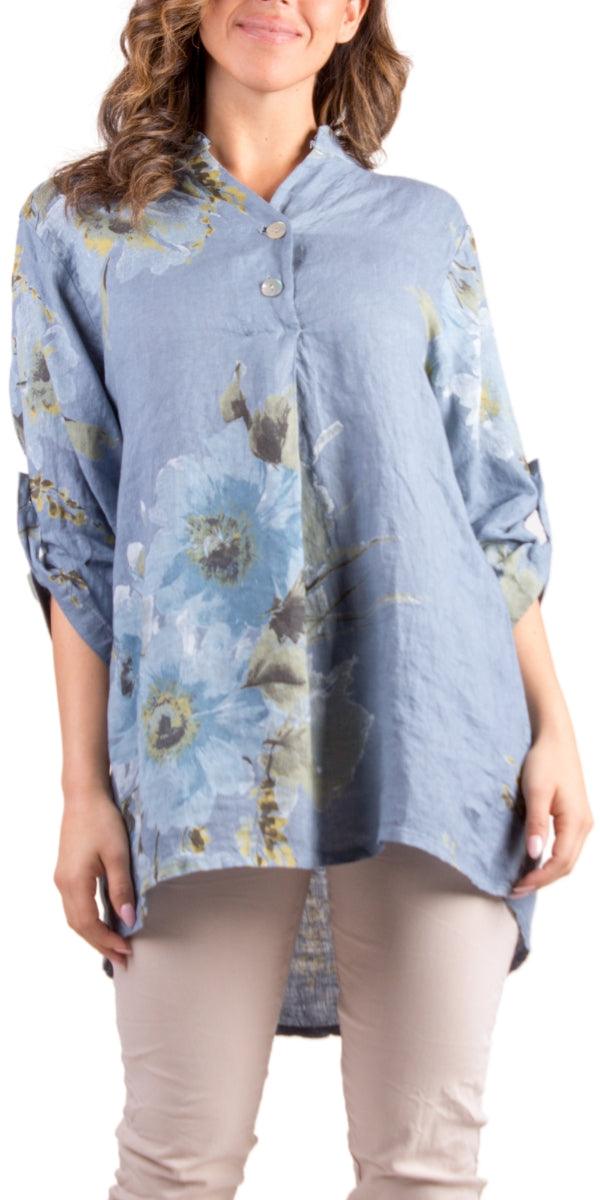 Lidia Floral Linen Shirt - Gigi Moda - Made in Italy # 100% Linen, button down, Collared, Cuffed Sleeves, floral, Floral Print, Gigi Moda, italian top, Linen, Made in Italy, one size, OS, resort, resort wear, Top