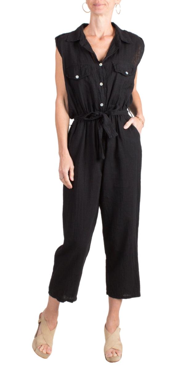 La Tela Jumpsuit - Gigi Moda - Made in Italy # belt, belted, button down, Collared, Cotton, Gigi Moda, Jumpsuit, Linen, Made in Italy, one piece, one size, OS, Pockets, Sleeveless, waist tie belt