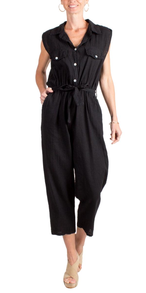 La Tela Jumpsuit - Gigi Moda - Made in Italy # belt, belted, button down, Collared, Cotton, Gigi Moda, Jumpsuit, Linen, Made in Italy, one piece, one size, OS, Pockets, Sleeveless, waist tie belt