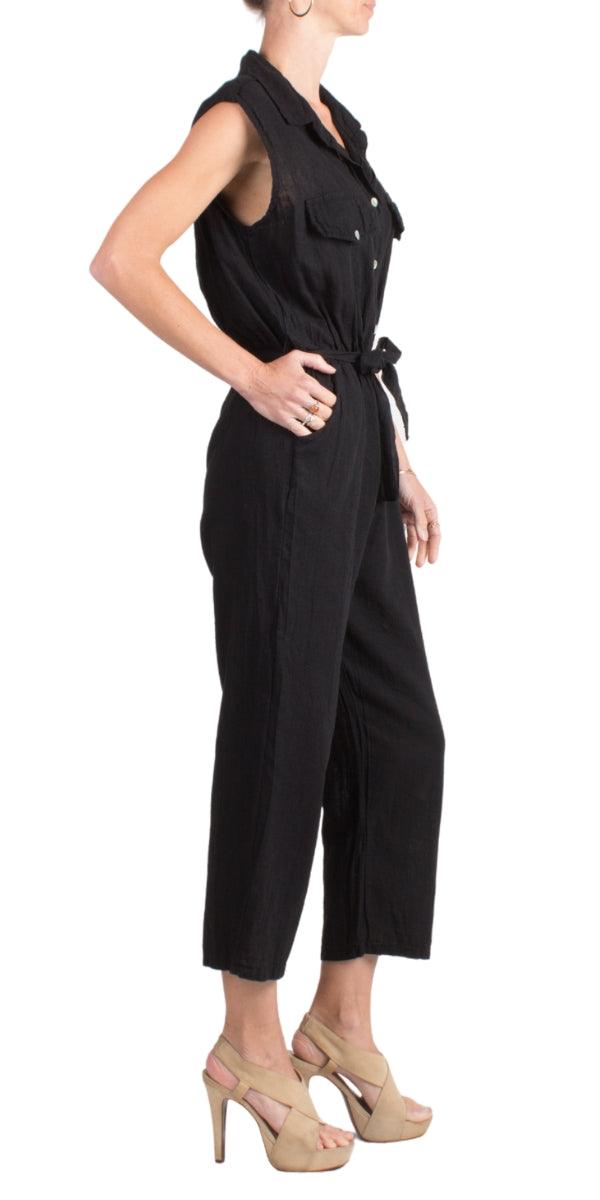 La Tela Jumpsuit - Gigi Moda - Made in Italy # belt, belted, button down, Collared, Cotton, Gigi Moda, Jumpsuit, Linen, Made in Italy, one piece, one size, OS, Pockets, Sleeveless, waist tie belt