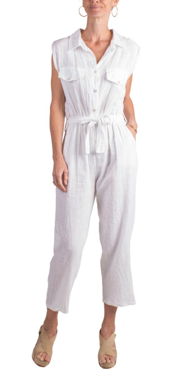 La Tela Jumpsuit - Gigi Moda - Made in Italy # belt, belted, button down, Collared, Cotton, Gigi Moda, Jumpsuit, Linen, Made in Italy, one piece, one size, OS, Pockets, Sleeveless, waist tie belt