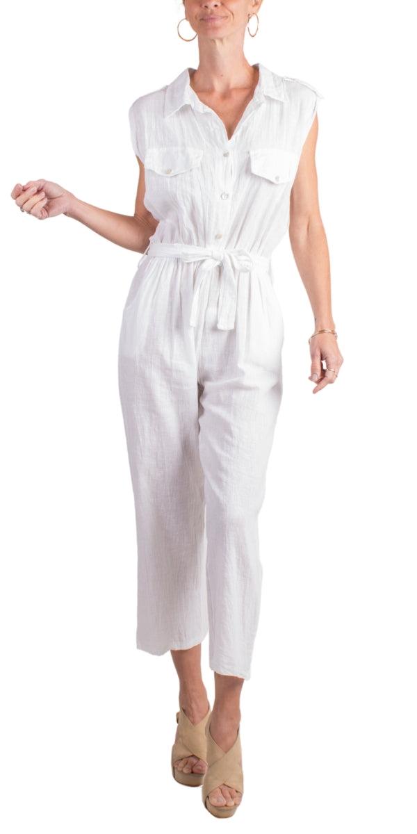 La Tela Jumpsuit - Gigi Moda - Made in Italy # belt, belted, button down, Collared, Cotton, Gigi Moda, Jumpsuit, Linen, Made in Italy, one piece, one size, OS, Pockets, Sleeveless, waist tie belt