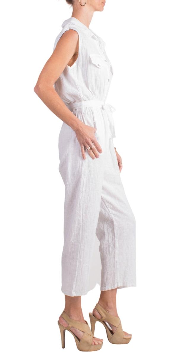 La Tela Jumpsuit - Gigi Moda - Made in Italy # belt, belted, button down, Collared, Cotton, Gigi Moda, Jumpsuit, Linen, Made in Italy, one piece, one size, OS, Pockets, Sleeveless, waist tie belt