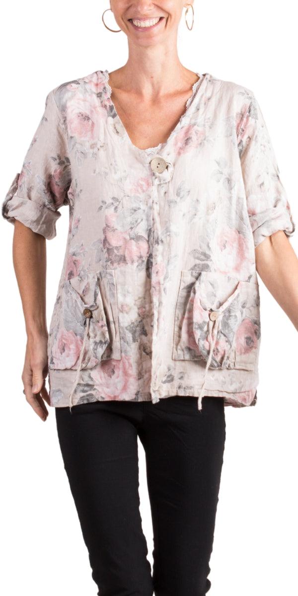 Rosa Linen Jacket - Gigi Moda - Made in Italy # 100% Linen, 3/4 Sleeve, 3/4 Sleeves, Floral Print, front pockets, Gigi Moda, hand wash, Jacket, Linen, Linen jacket, Made in Italy, one size, OS, Pockets, Rose