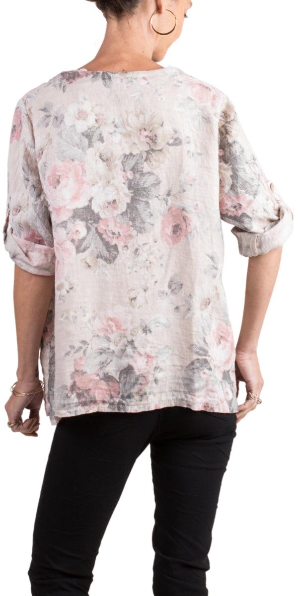 Rosa Linen Jacket - Gigi Moda - Made in Italy # 100% Linen, 3/4 Sleeve, 3/4 Sleeves, Floral Print, front pockets, Gigi Moda, hand wash, Jacket, Linen, Linen jacket, Made in Italy, one size, OS, Pockets, Rose