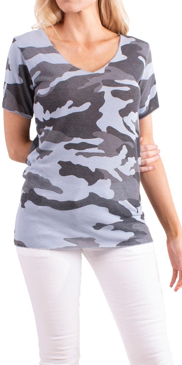 Apuma Camo Top - Gigi Moda - Made in Italy # blue, Camo, Camo print, gray, tee shirt, v-neck tee, white