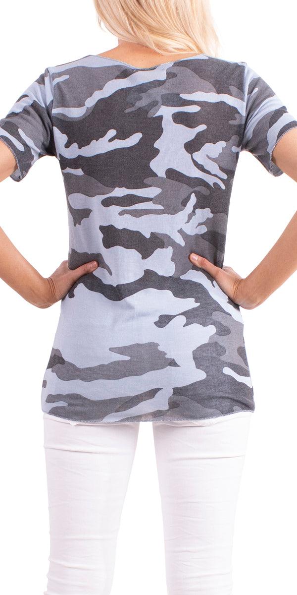 Apuma Camo Top - Gigi Moda - Made in Italy # blue, Camo, Camo print, gray, tee shirt, v-neck tee, white