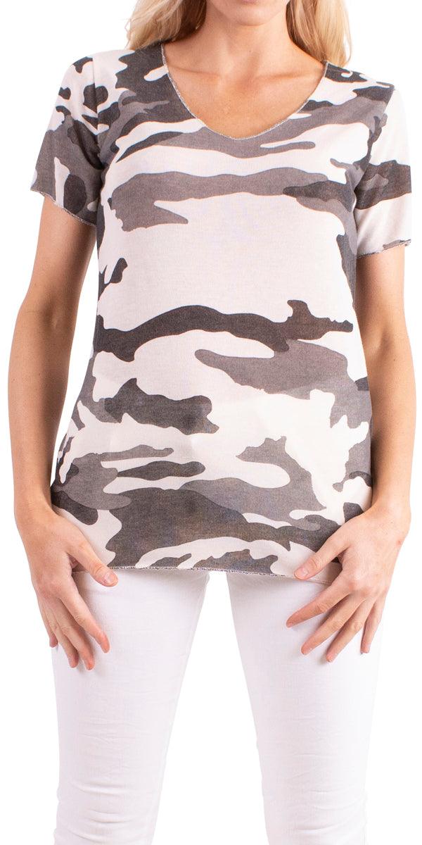 Apuma Camo Top - Gigi Moda - Made in Italy # blue, Camo, Camo print, gray, tee shirt, v-neck tee, white