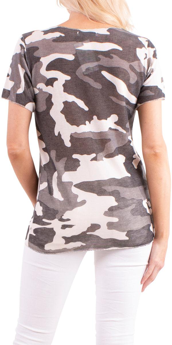 Apuma Camo Top - Gigi Moda - Made in Italy # blue, Camo, Camo print, gray, tee shirt, v-neck tee, white