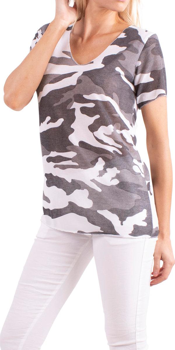 Apuma Camo Top - Gigi Moda - Made in Italy # blue, Camo, Camo print, gray, tee shirt, v-neck tee, white