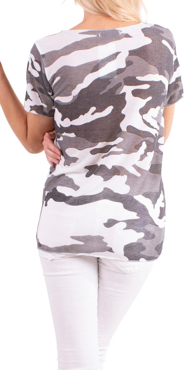Apuma Camo Top - Gigi Moda - Made in Italy # blue, Camo, Camo print, gray, tee shirt, v-neck tee, white