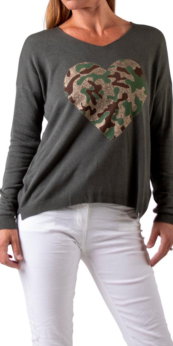 Amore Forte Sweater - Gigi Moda - Made in Italy # Camo print, casual sweater, comforatable fit, Gigi Moda, heart, Italian Sweater, made in italy, shop gigi moda, Sweater, womans clothing