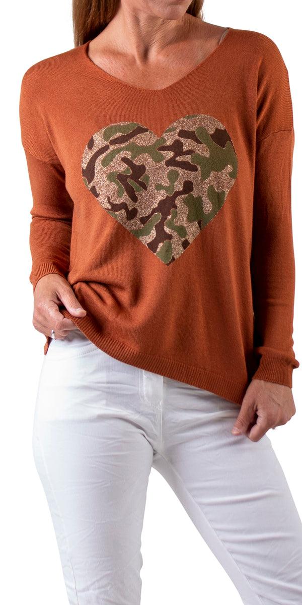 Amore Forte Sweater - Gigi Moda - Made in Italy # Camo print, casual sweater, comforatable fit, Gigi Moda, heart, Italian Sweater, made in italy, shop gigi moda, Sweater, womans clothing