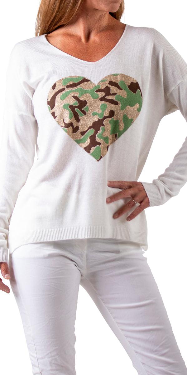 Amore Forte Sweater - Shop Gigi Moda - Made in Italy # Camo print, casual sweater, comforatable fit, Gigi Moda, heart, Italian Sweater, made in italy, shop gigi moda, Sweater, womans clothing