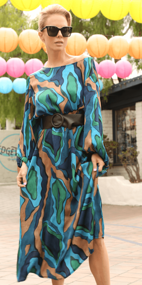 La Onda Maxi Dress - Gigi Moda - Made in Italy # abstract print, balloon sleeve, boat neck, Dress, gigi moda, Keyhole, made in italy, Maxi, Maxi Dress, maxi length, one size, Satin, viscose