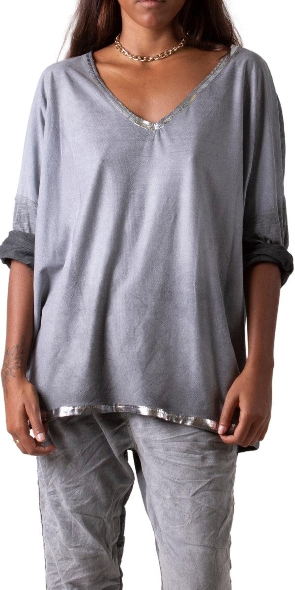 Clio Top - Gigi Moda - Made in Italy # fall, faux suede, Gigi Moda, gigi moda. made in italy, italian top, long sleeves, metallic, shop gigi moda, sweater, Top, V Neck, v-neck top