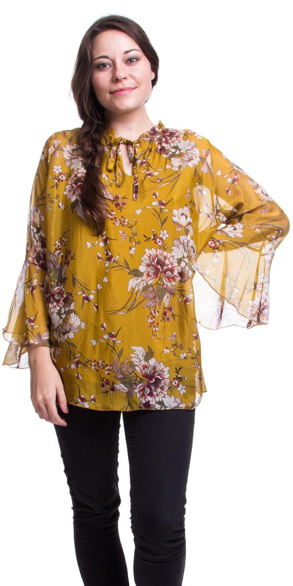 Bailey Silk Blouse - Gigi Moda - Made in Italy # 100% Silk, Bell Sleeve, Comfortable, Floral Print, italian silk blouse, italian silk top, Loose Fitting, Made in Italy, Silk, silk blouse, Silk top