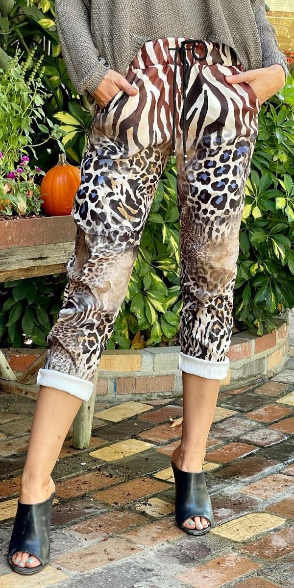 Geniviv Safari Print Pant - Shop Gigi Moda - Made in Italy # animal print, cuffed pant, drawstring, drawstring pant, drawstring pants, Gigi Moda, Made in Italy, one size, OS, Pants, Tie waist